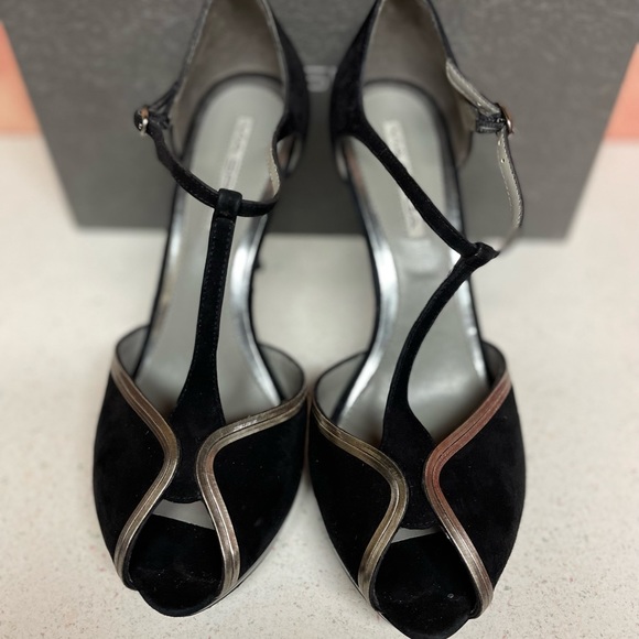 Via Spiga V Sapore T-strap Peep-toe Heeled Sandals Black &Silver size 9M - Picture 3 of 8